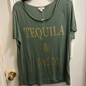 NEW: TACOS & TEQUILA Short Sleeve Olive Green Shirt Tee Charming Charlie LARGE